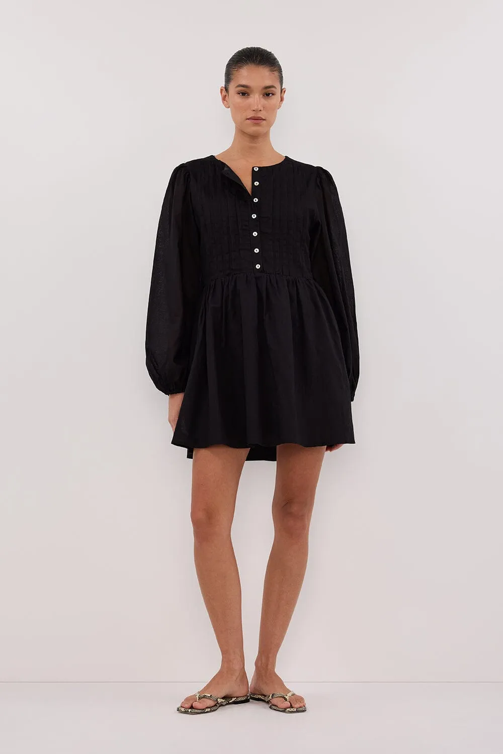 LARS BLACK BUTTON SLEEEVED LINEN MINI DRESS