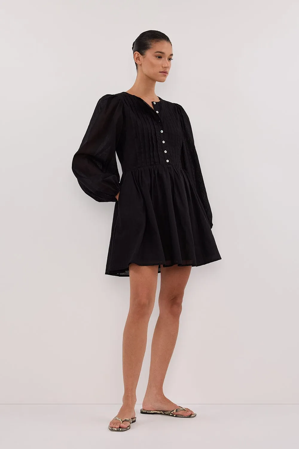 LARS BLACK BUTTON SLEEEVED LINEN MINI DRESS