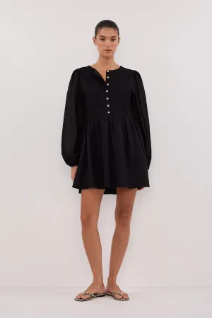 LARS BLACK BUTTON SLEEEVED LINEN MINI DRESS