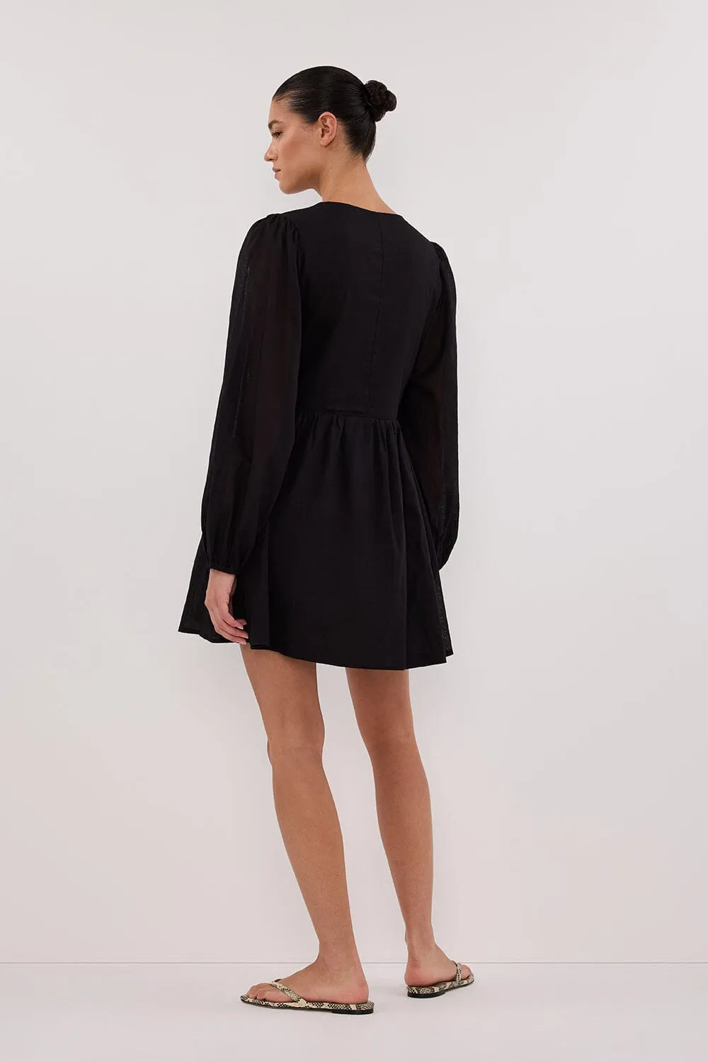LARS BLACK BUTTON SLEEEVED LINEN MINI DRESS