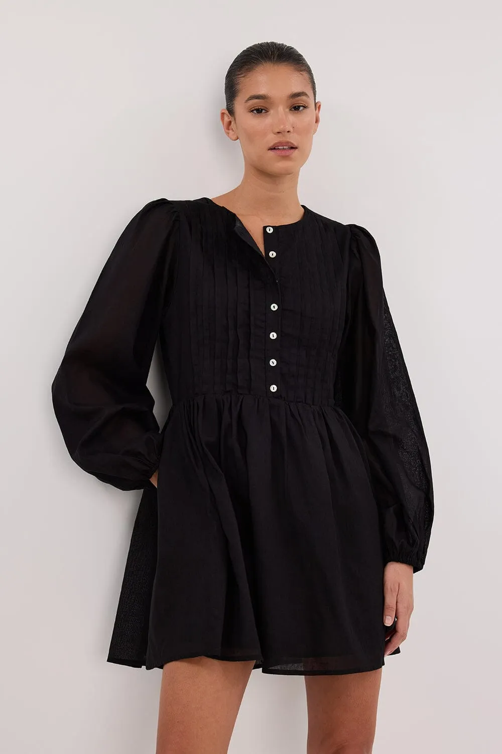 LARS BLACK BUTTON SLEEEVED LINEN MINI DRESS