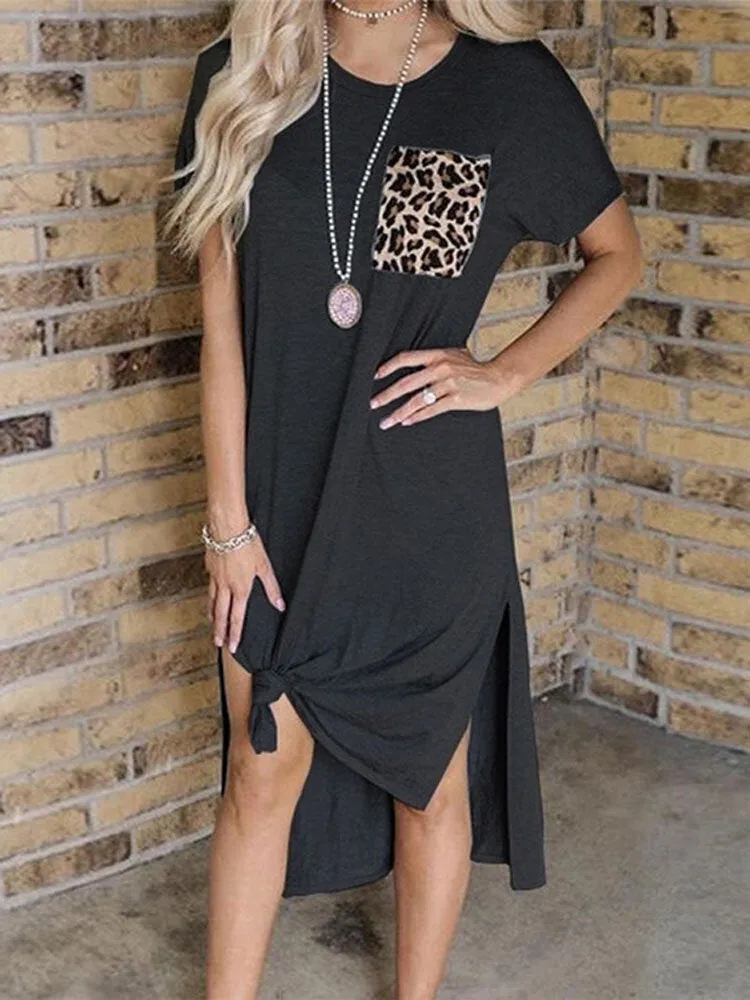 Leopard Patchwork Round Neck Short Sleeved Slit Women Midi Dress
