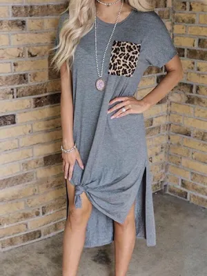 Leopard Patchwork Round Neck Short Sleeved Slit Women Midi Dress