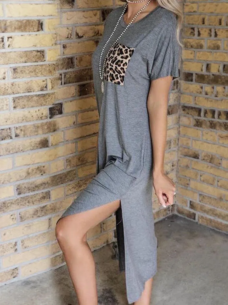 Leopard Patchwork Round Neck Short Sleeved Slit Women Midi Dress