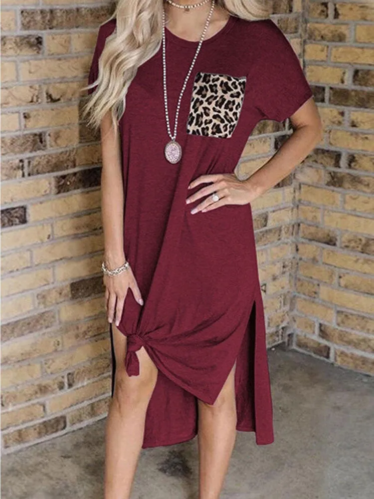 Leopard Patchwork Round Neck Short Sleeved Slit Women Midi Dress