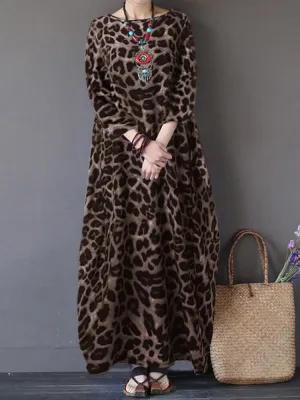 Leopard Print Crew Neck Loose Baggy Women Maxi Dress
