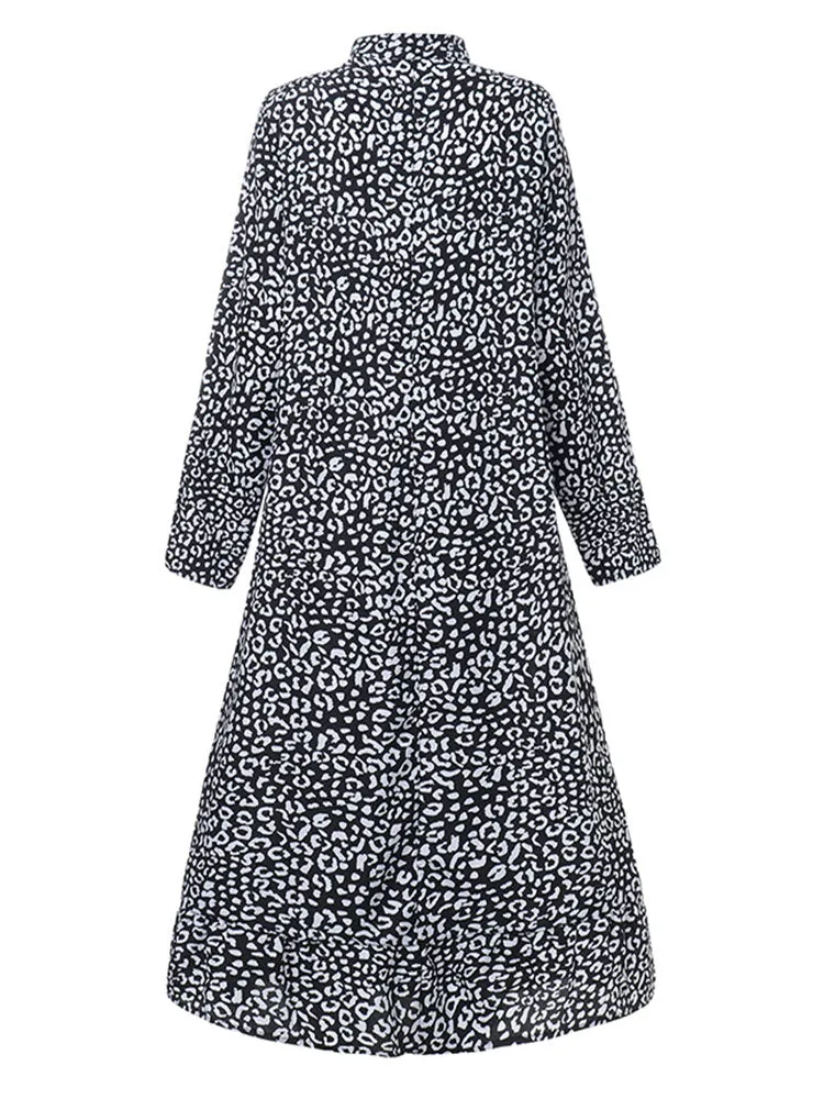 Leopard Printed Long Sleeve Casual Women Midi Dress