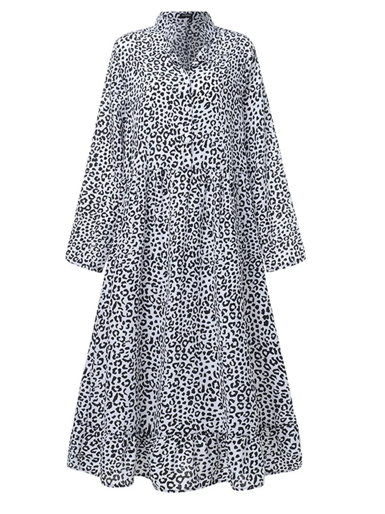 Leopard Printed Long Sleeve Casual Women Midi Dress