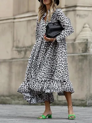Leopard Printed Long Sleeve Casual Women Midi Dress