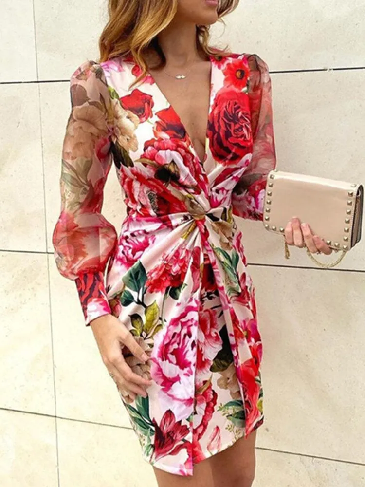 Leopard Twist V-neck Elegant Long Sleeve Women Midi Dress