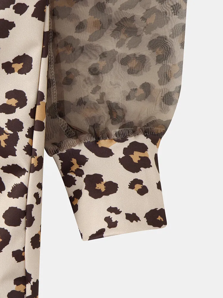 Leopard Twist V-neck Elegant Long Sleeve Women Midi Dress