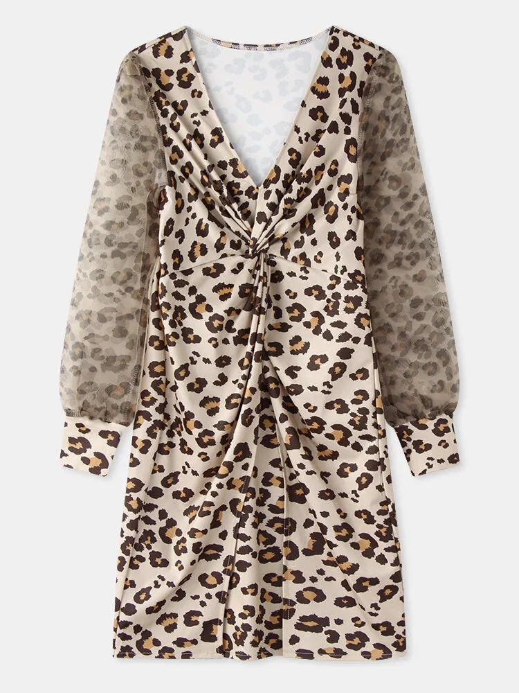 Leopard Twist V-neck Elegant Long Sleeve Women Midi Dress