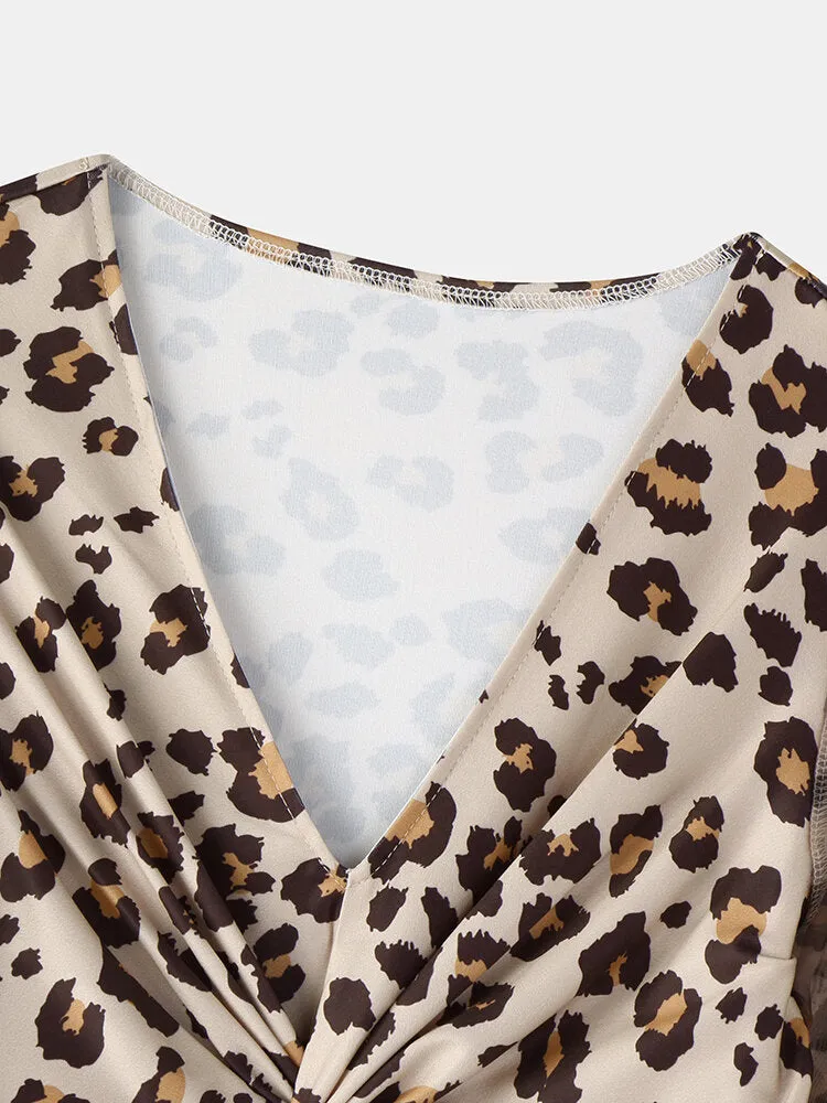 Leopard Twist V-neck Elegant Long Sleeve Women Midi Dress