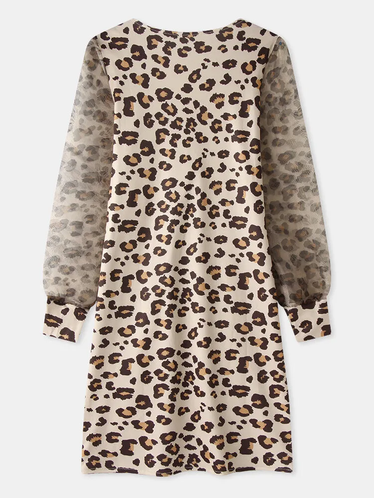 Leopard Twist V-neck Elegant Long Sleeve Women Midi Dress