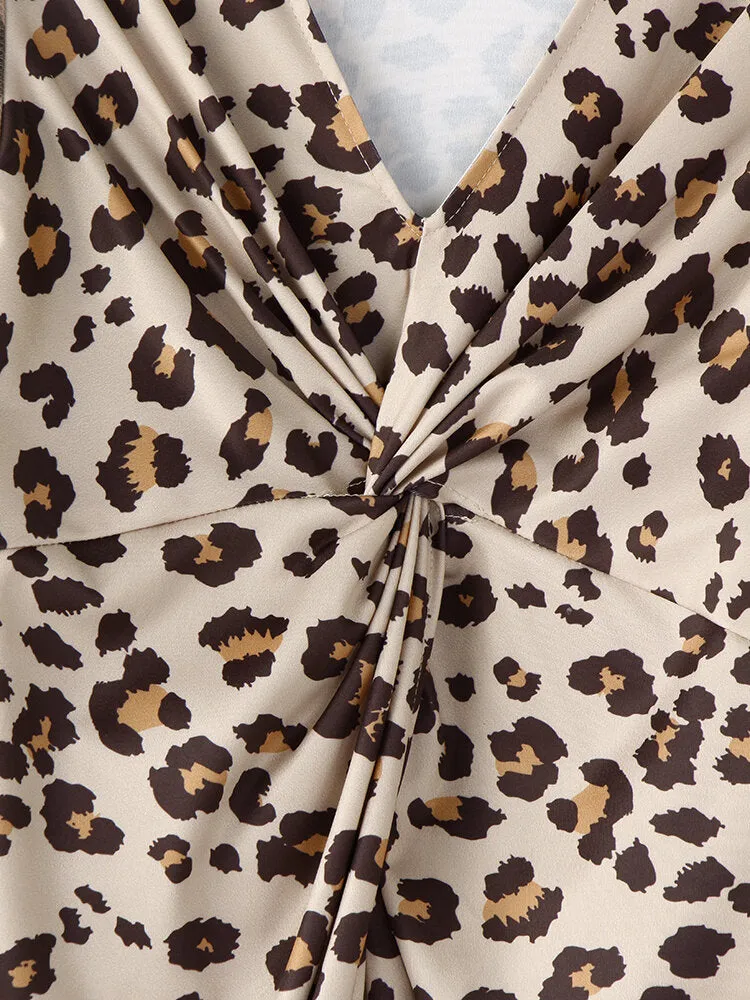 Leopard Twist V-neck Elegant Long Sleeve Women Midi Dress
