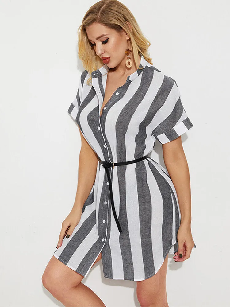 Linen Striped Print Front Button Stand Collar Short Sleeve Casual Dress