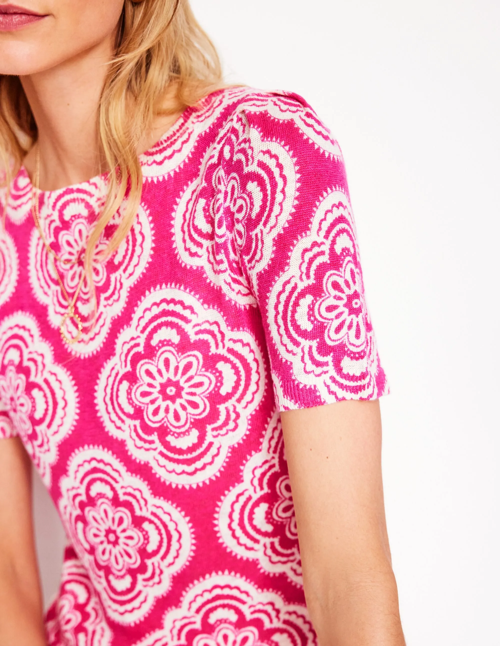 Liv Boat Neck Linen T-Shirt-Pink Peony. Botanic Blush