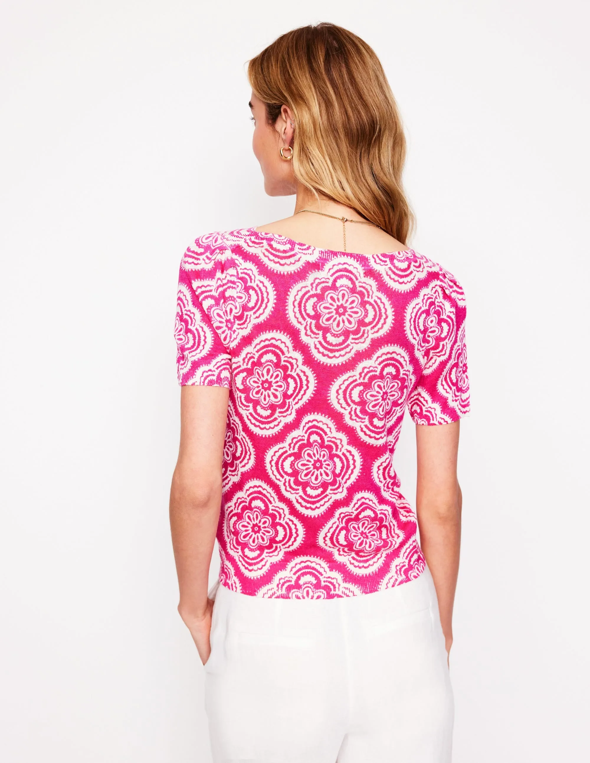 Liv Boat Neck Linen T-Shirt-Pink Peony. Botanic Blush