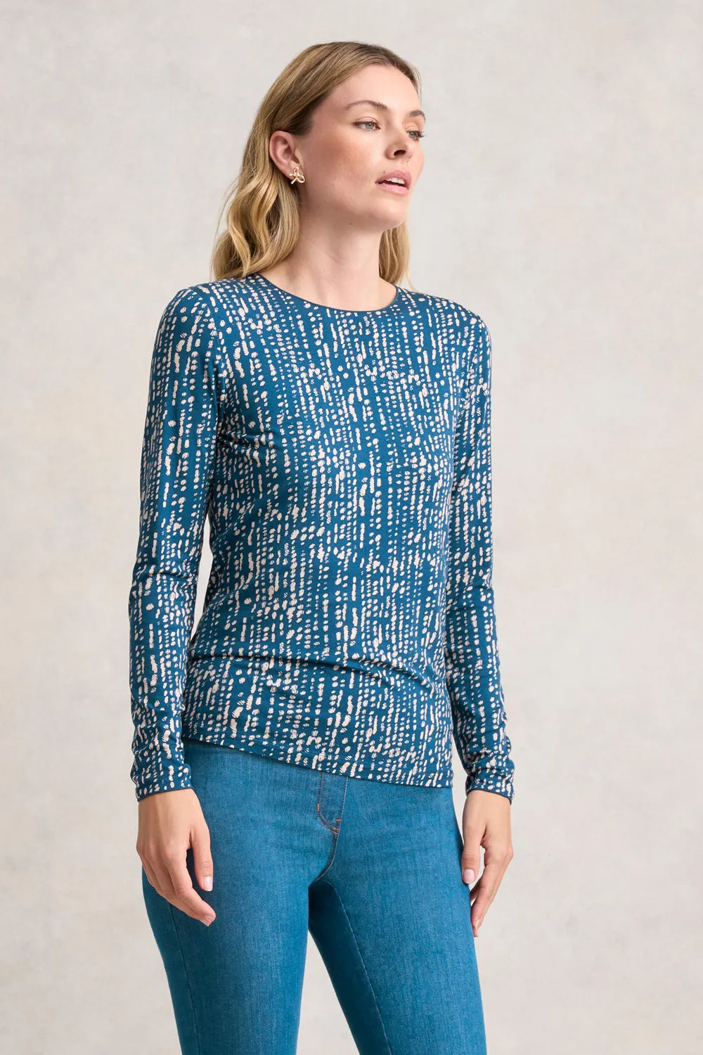 Long Sleeve Crew Neck Top - Linear Dot Print