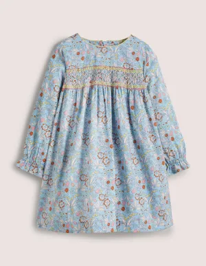 Long-sleeved Smock Dress-Dusty Blue