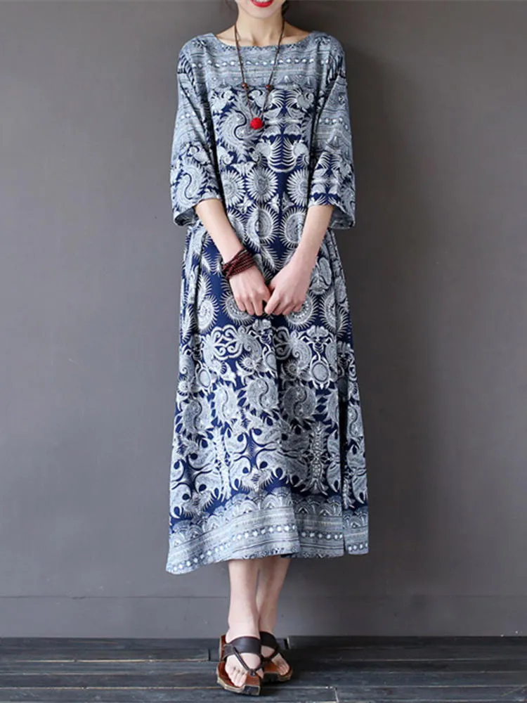Loose Retro Printing 3/4 Sleeve Women Maxi Dress