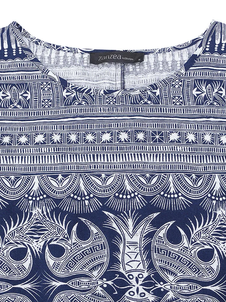 Loose Retro Printing 3/4 Sleeve Women Maxi Dress