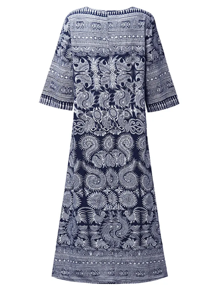 Loose Retro Printing 3/4 Sleeve Women Maxi Dress