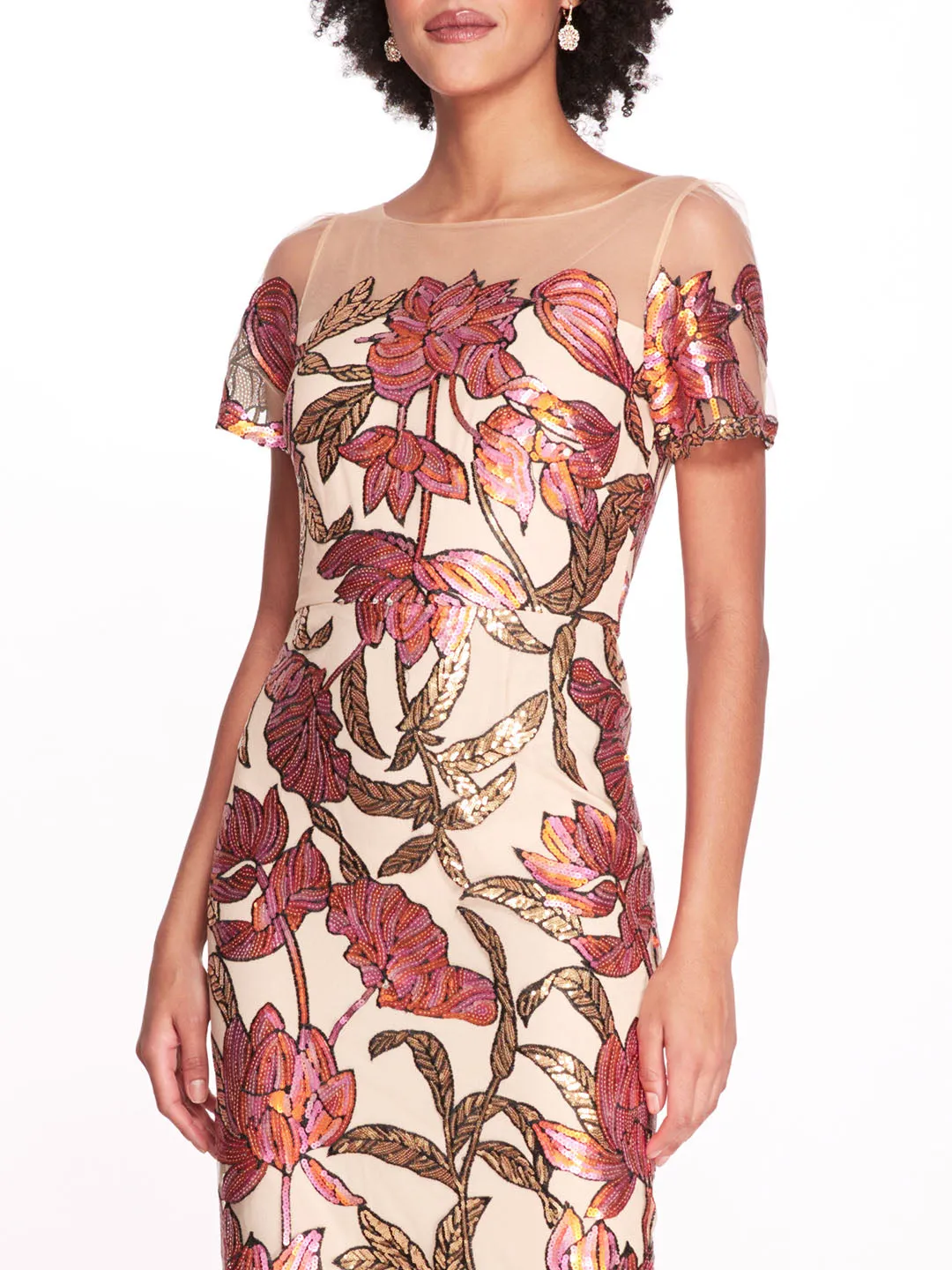 Lotus Sequin Cap-Sleeved Pencil Dress