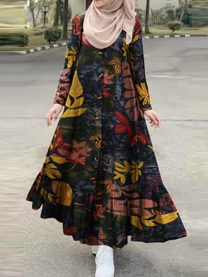 Maxi Tunic Dress Floral Leaf Print Ruffles Hem Dress