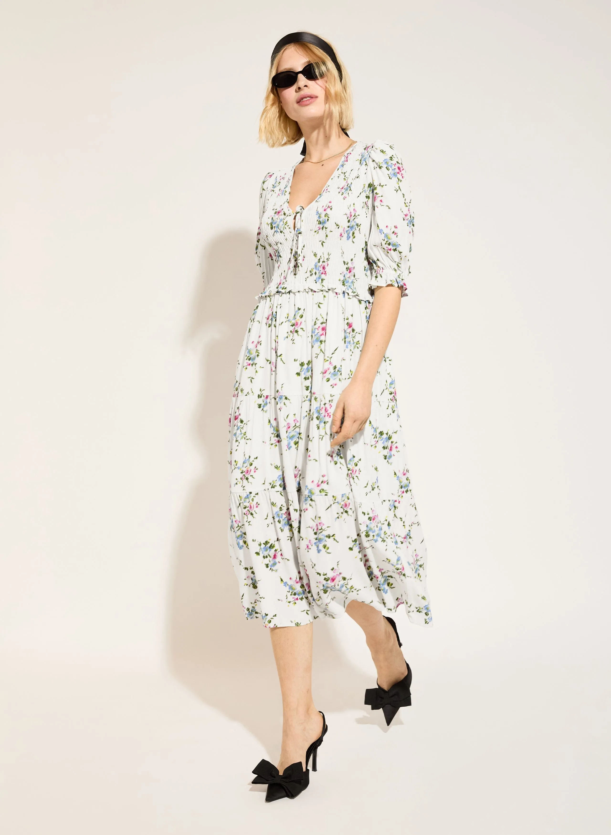 Melania Recycled Viscose Smock Midi Dress | White Bouquet