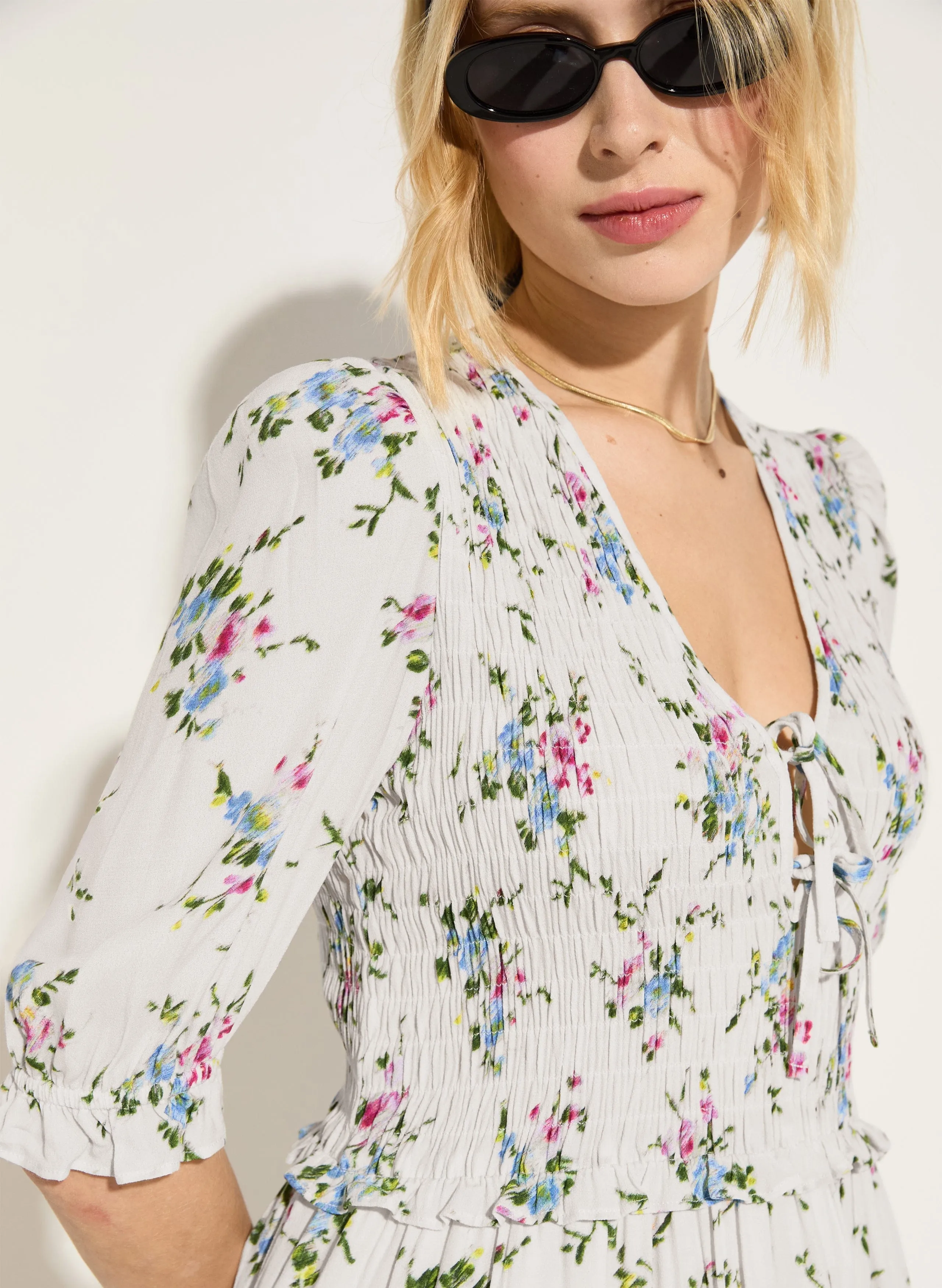 Melania Recycled Viscose Smock Midi Dress | White Bouquet