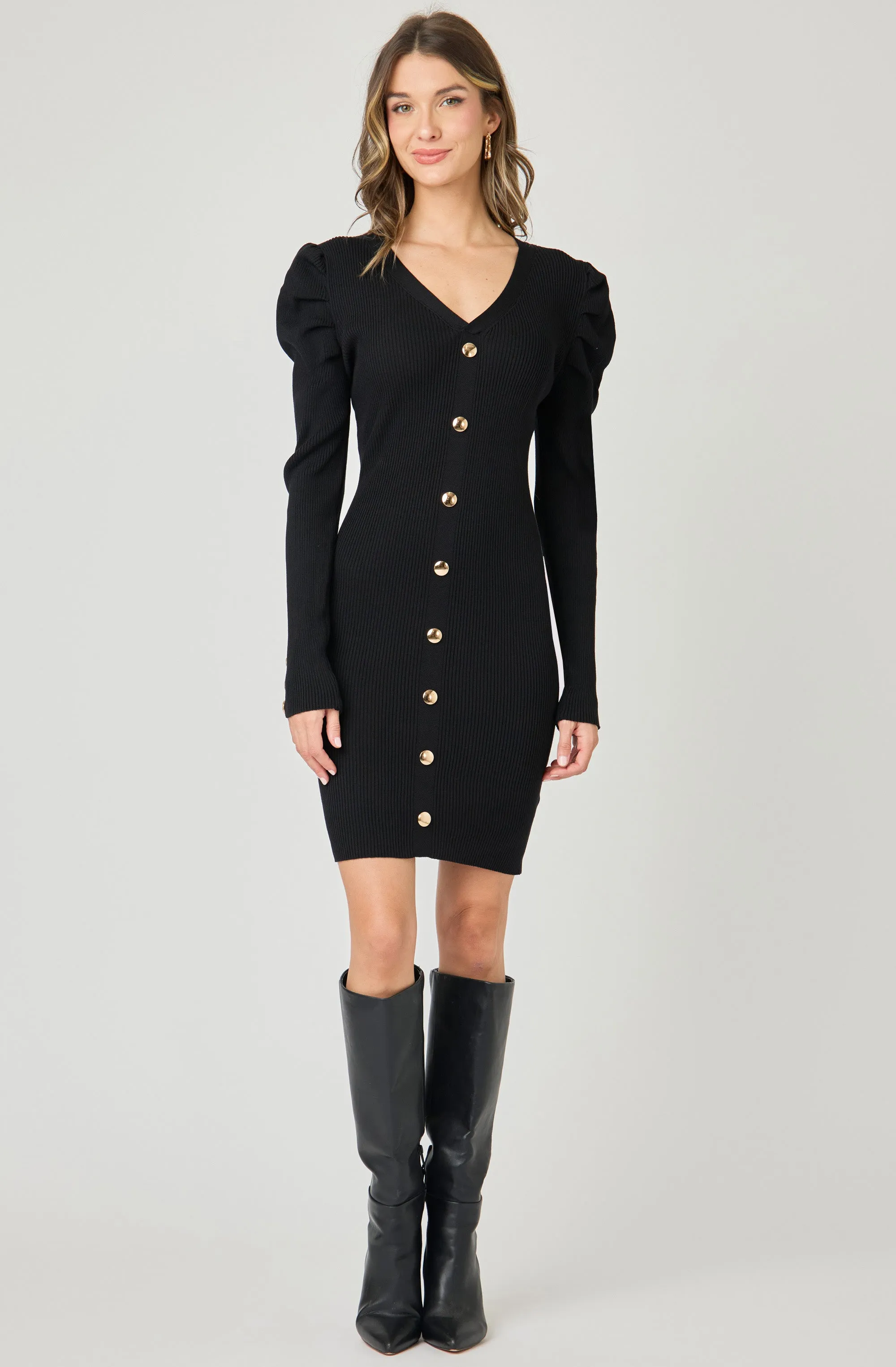 Midi Knit Dress with Gold Buttons