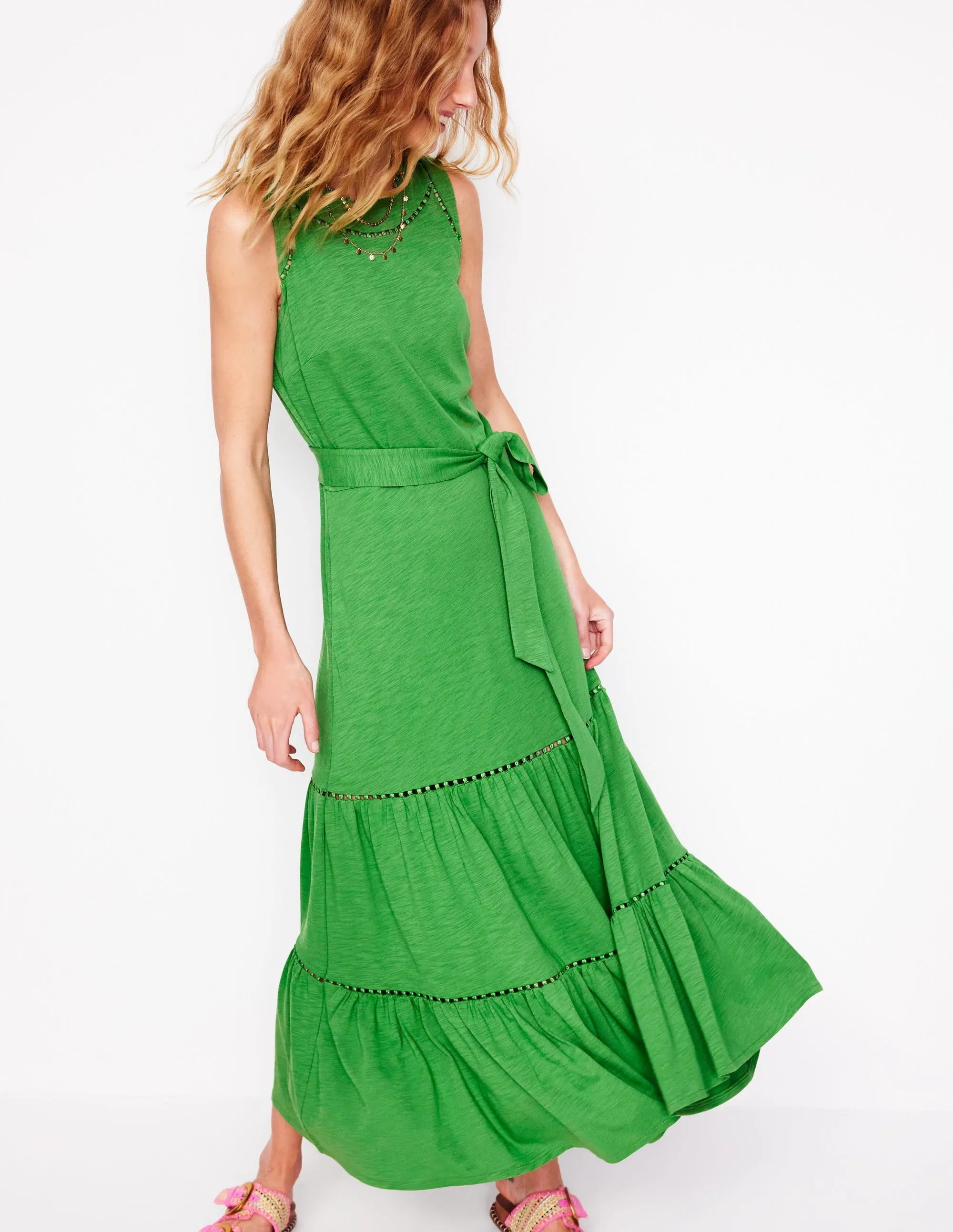 Mila Trim Tiered Jersey Dress-Paradise Green