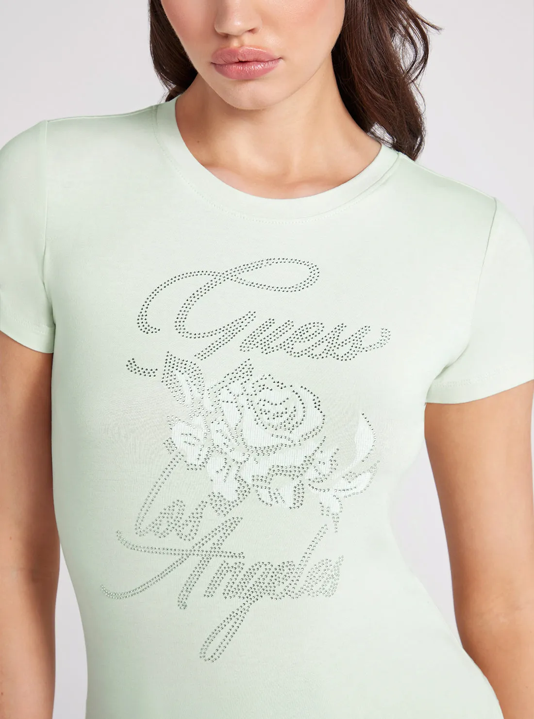 Mint Green Rhinestone Rose Logo T-Shirt