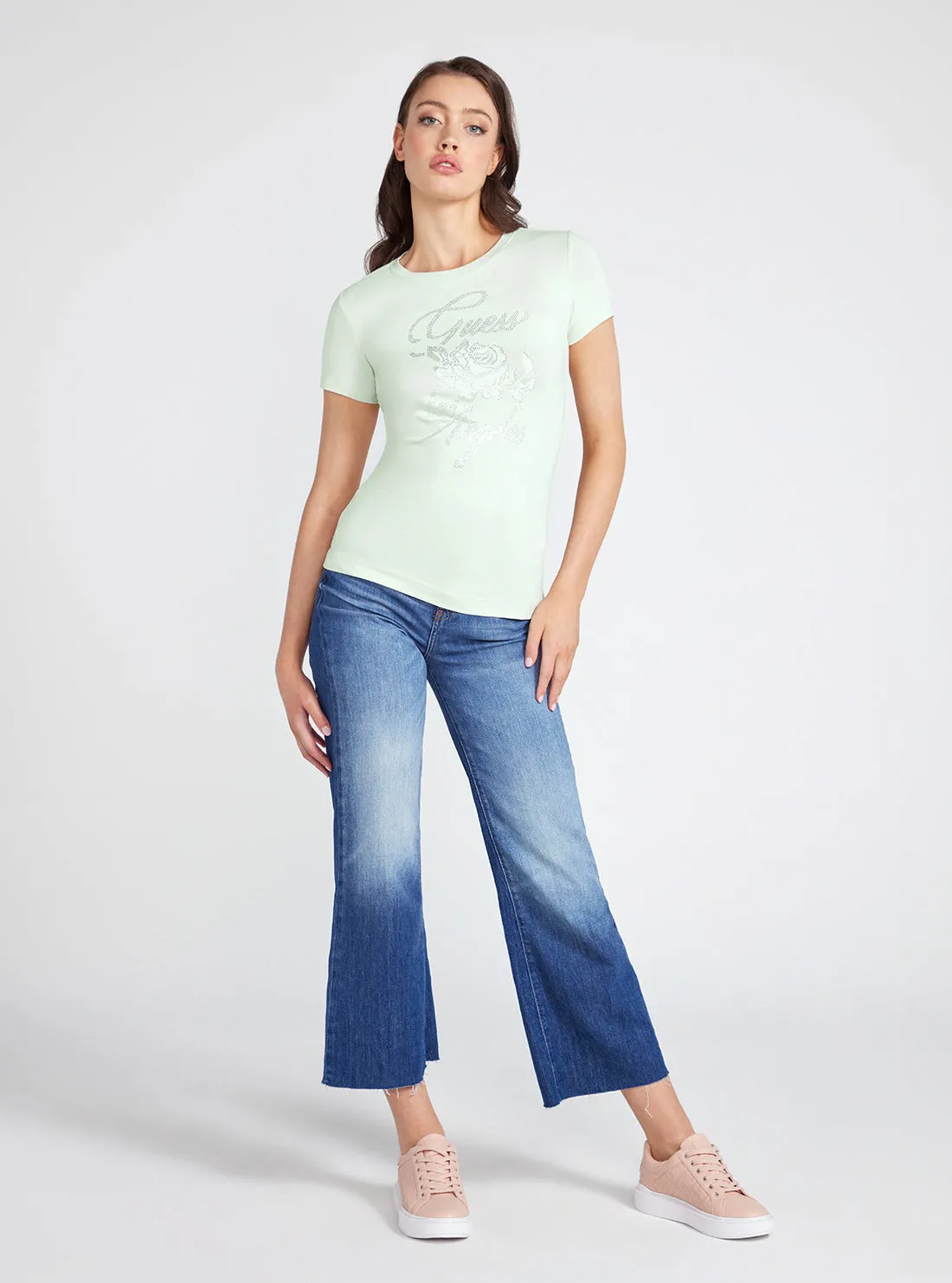 Mint Green Rhinestone Rose Logo T-Shirt