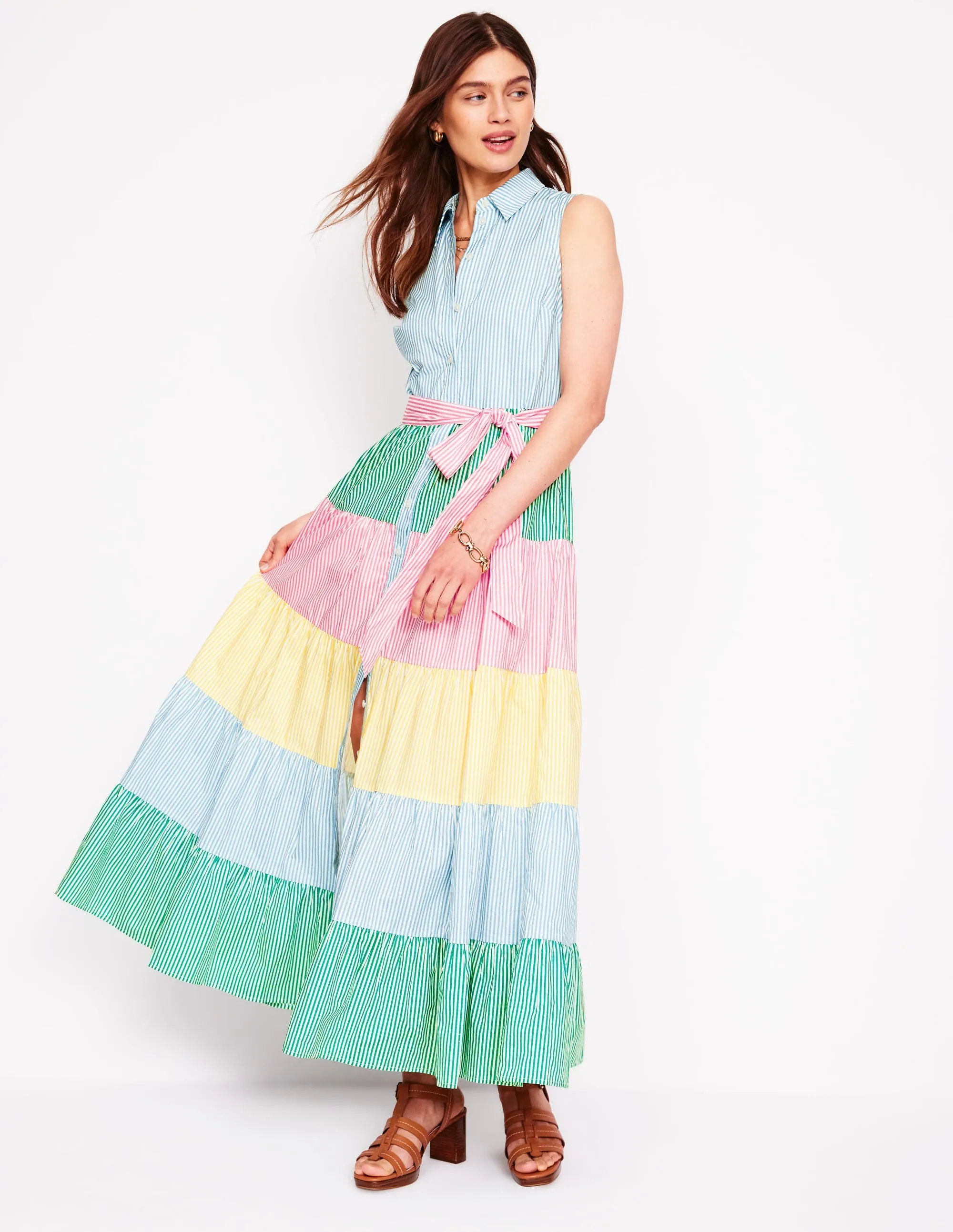 Multi Tiered Shirt Dress-Duck Egg Blue Stripe