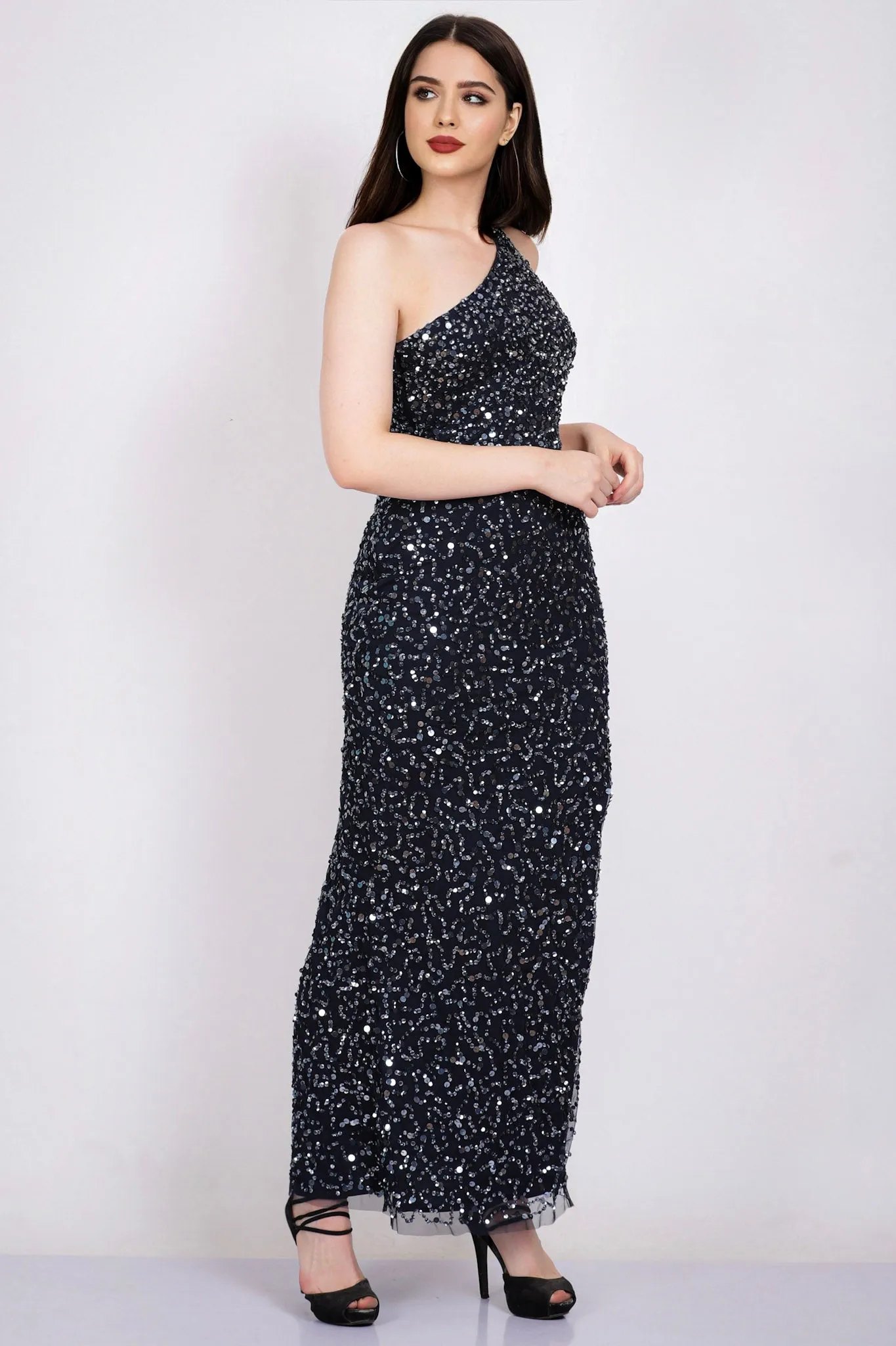 Naeve One Shoulder Sequin Dress in Navy Blue