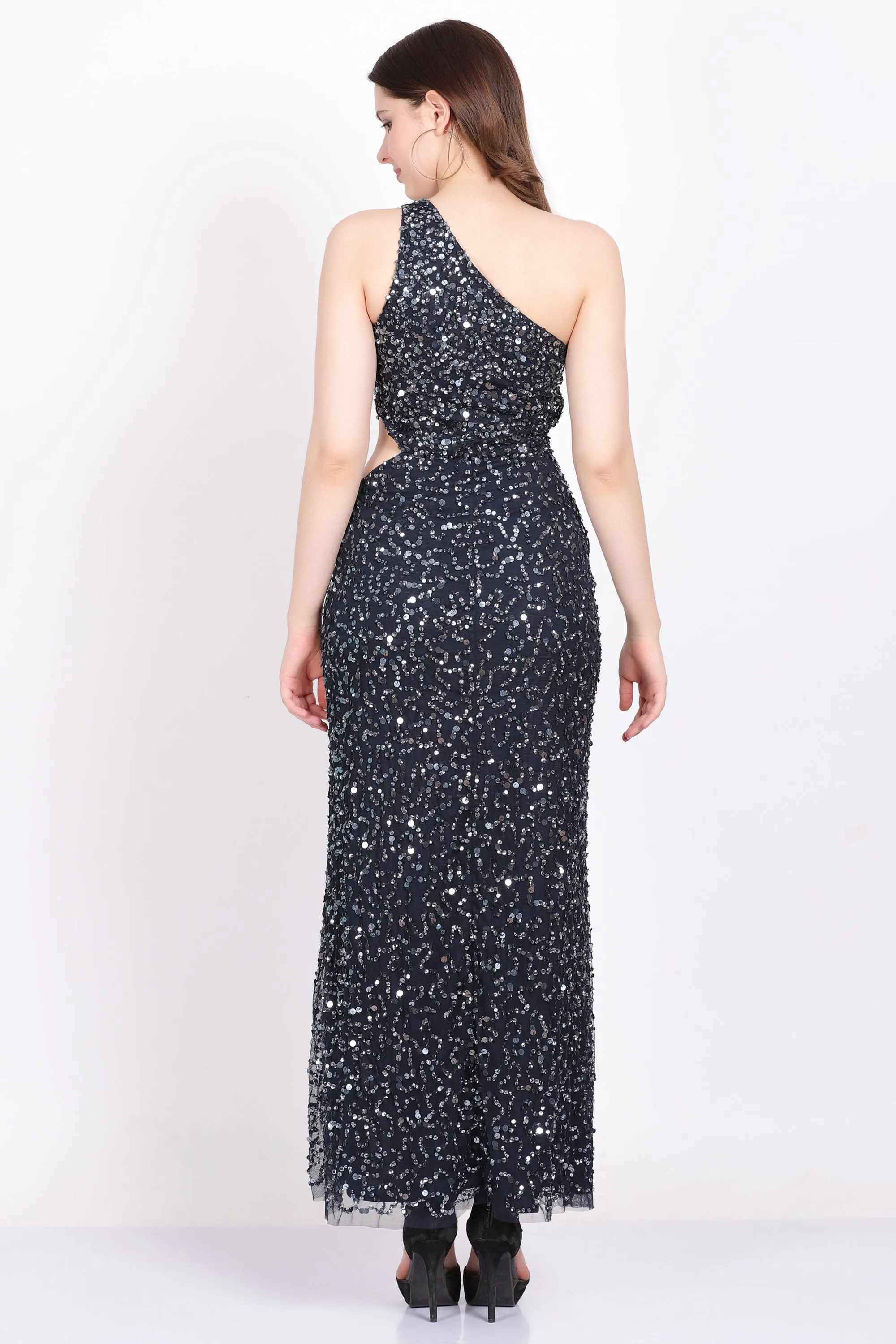 Naeve One Shoulder Sequin Dress in Navy Blue