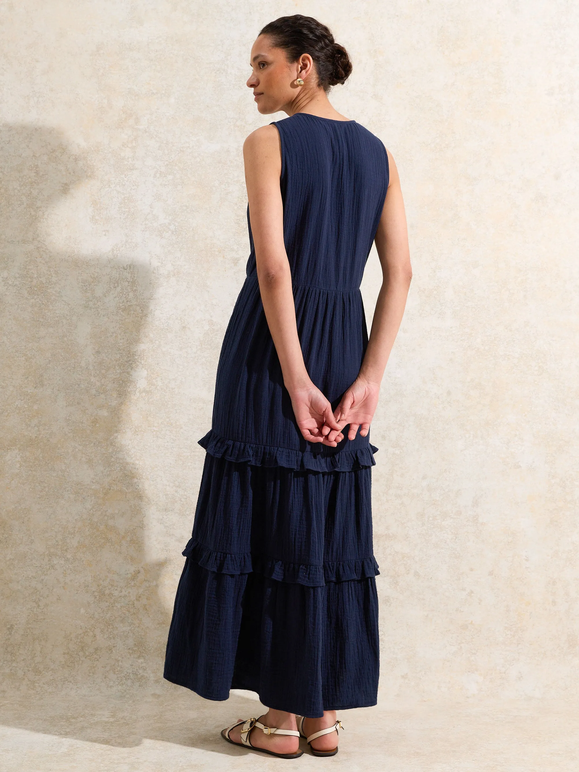Navy V-Neck Cheesecloth Midaxi Dress