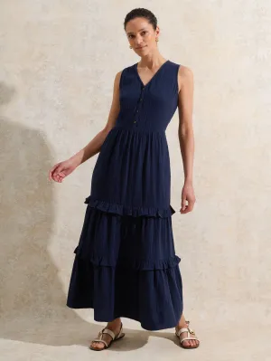 Navy V-Neck Cheesecloth Midaxi Dress