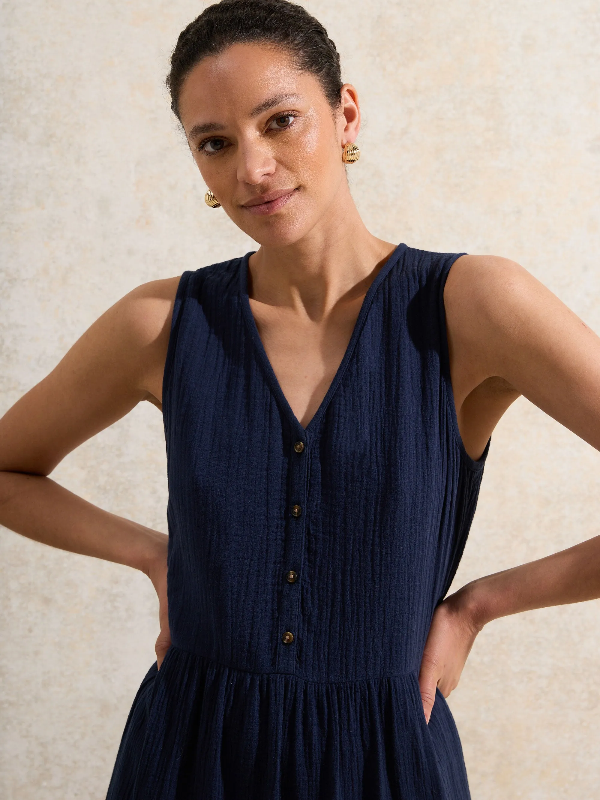 Navy V-Neck Cheesecloth Midaxi Dress