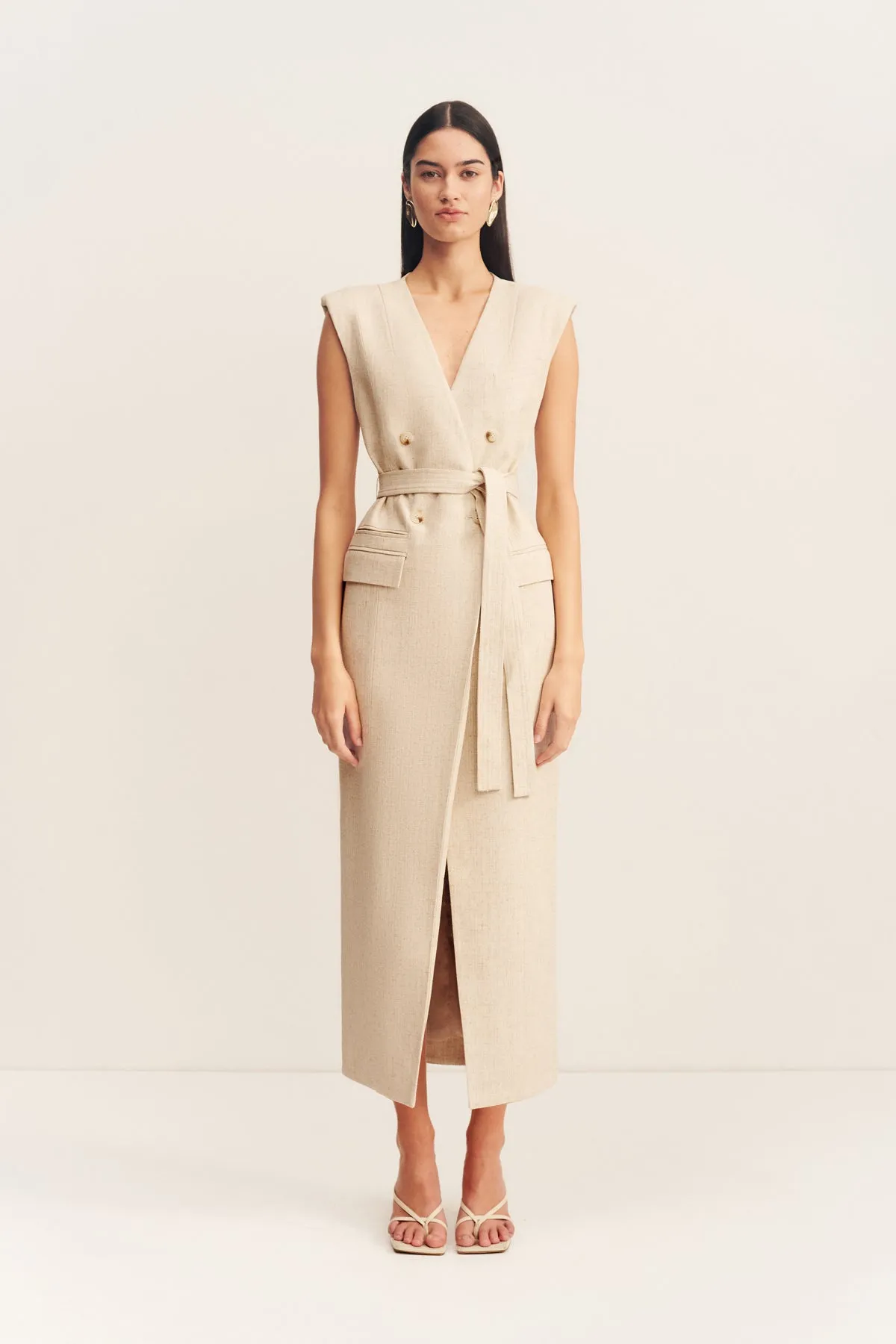 NEWMAN SLEEVELESS BLAZER MIDI DRESS - PARCHMENT