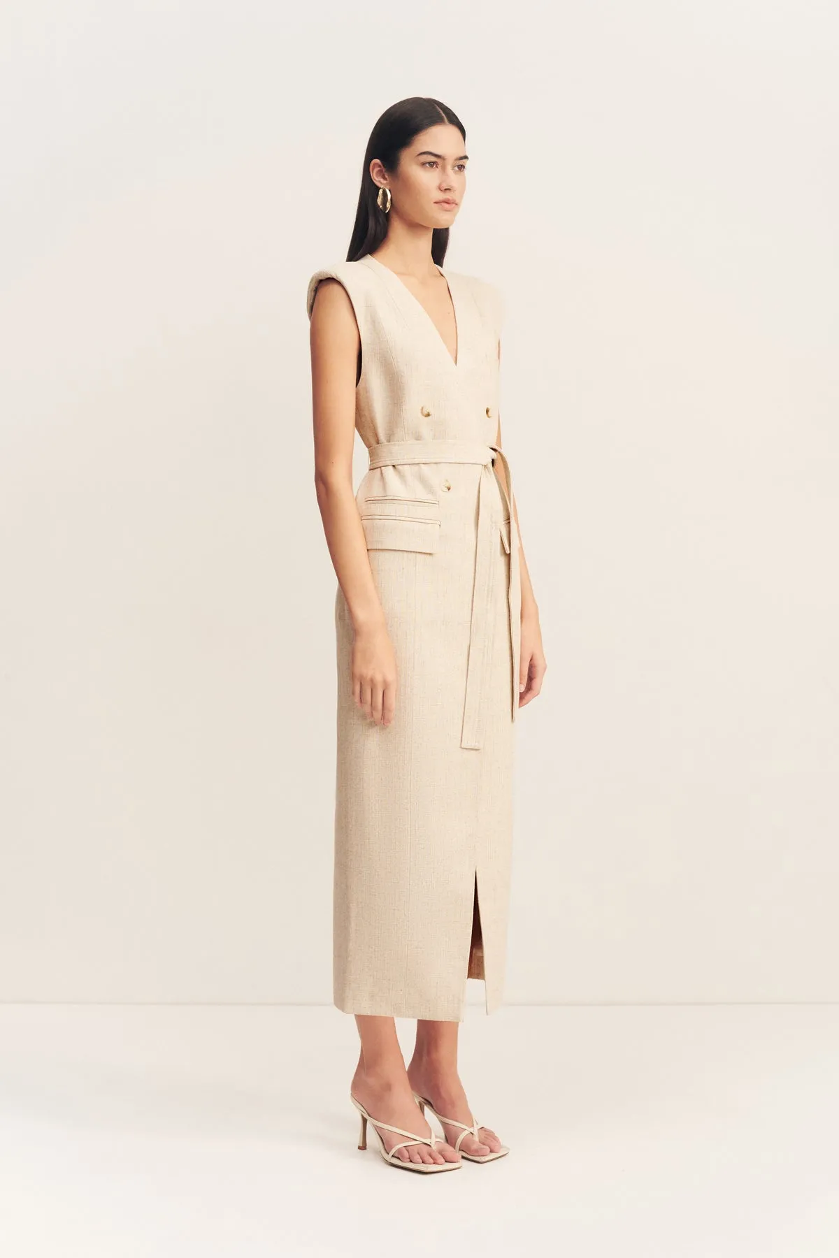 NEWMAN SLEEVELESS BLAZER MIDI DRESS - PARCHMENT