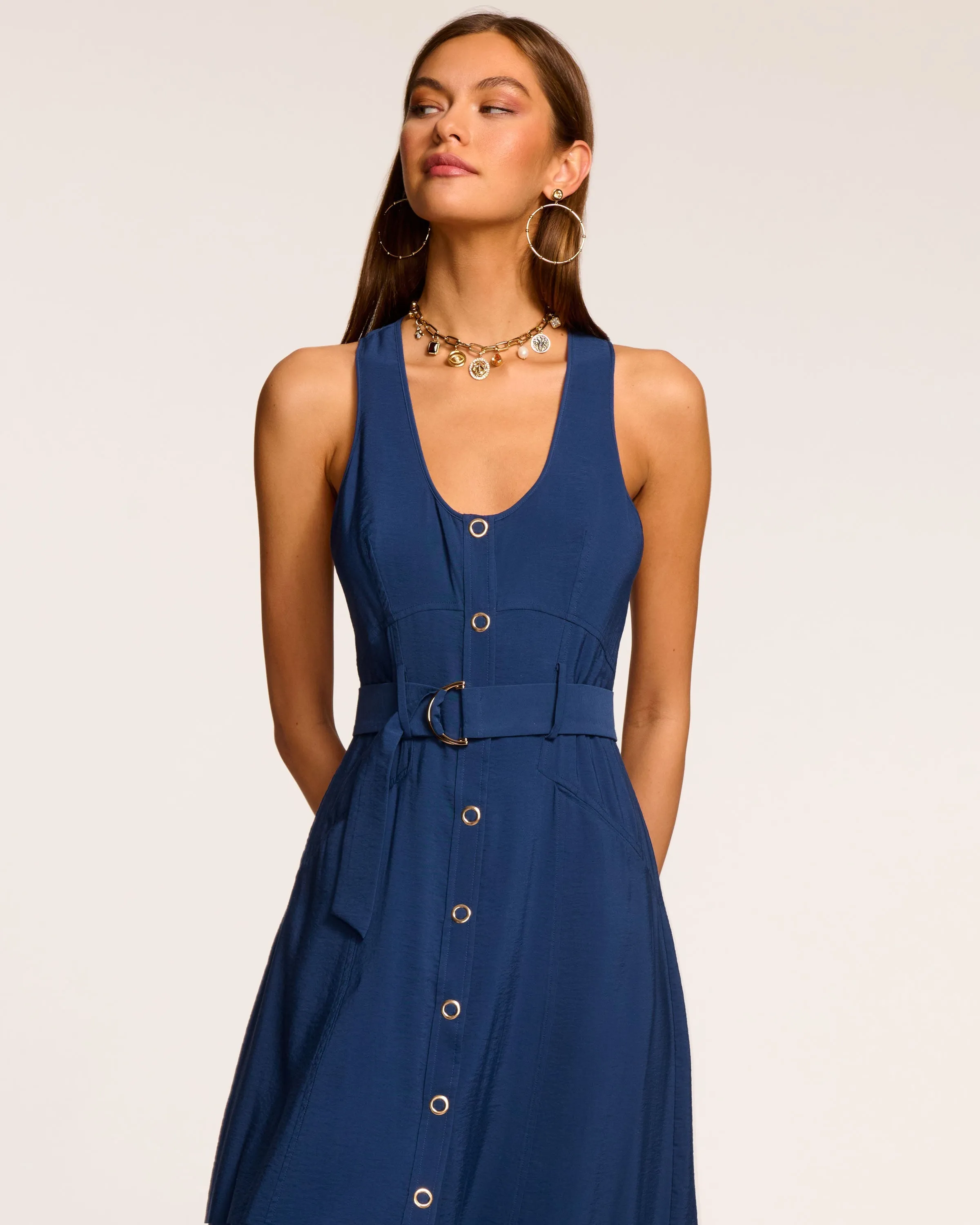Nomi Sleeveless Belted Midi Dress