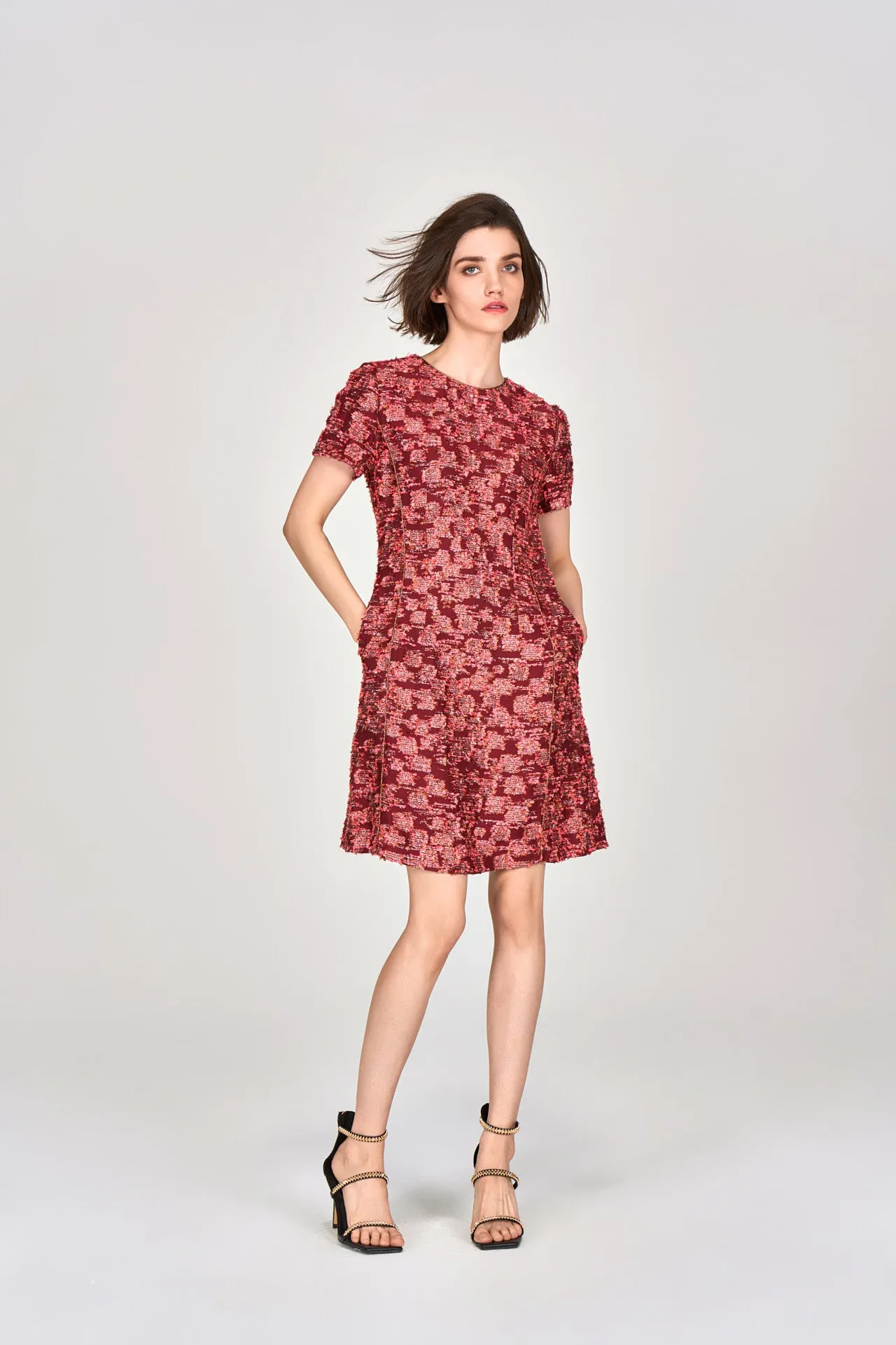 Orange Lurex Tweed Short Sleeves Dress