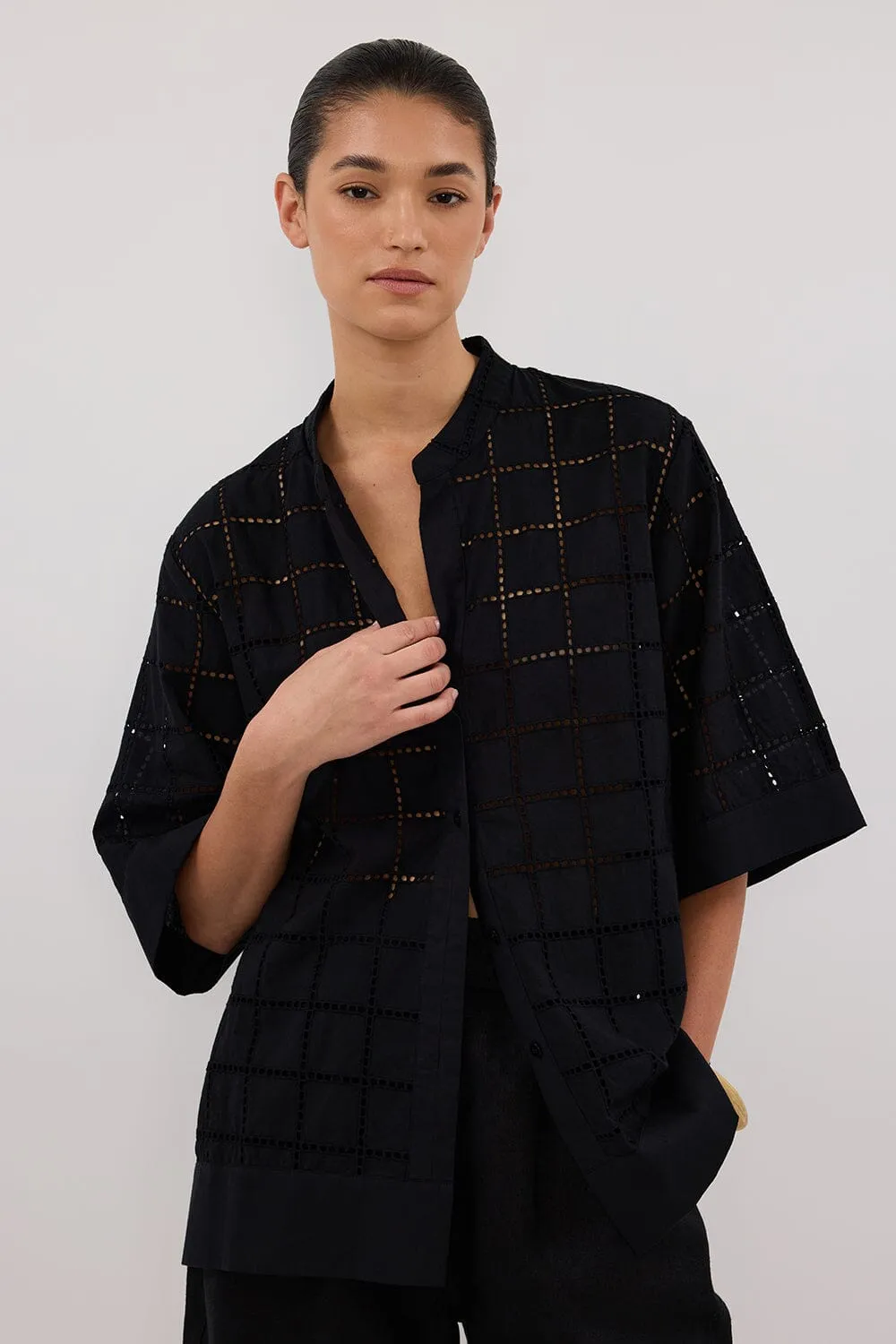 OWEN BLACK SLEEVED BRODERIE SHIRT