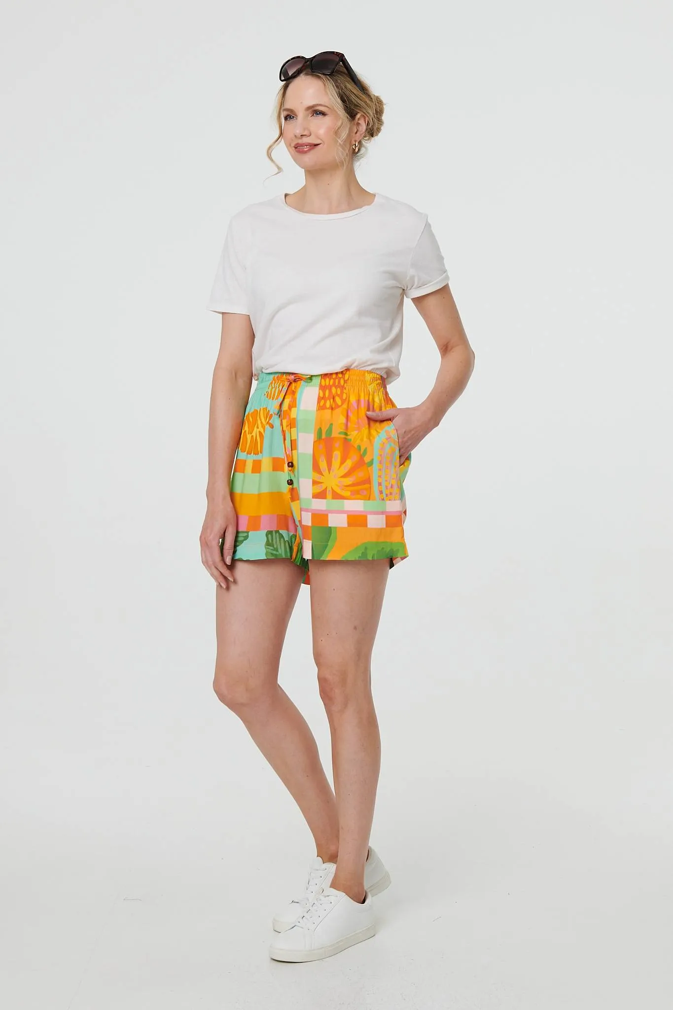 Patchwork Print Tie Waist Relaxed Shorts