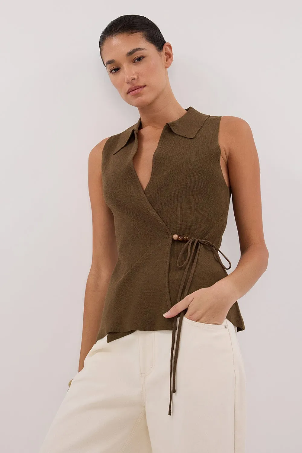 PAULA OLIVE WRAP KNIT TOP