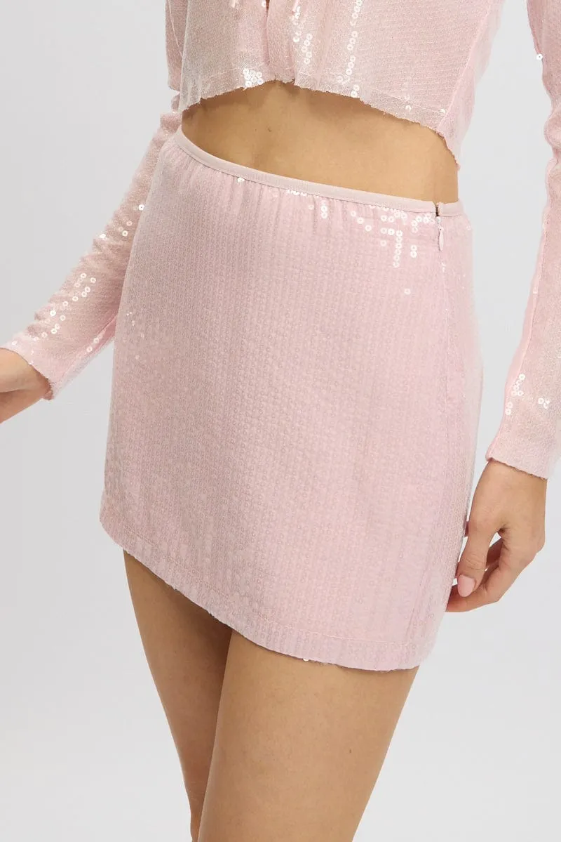 Pink Sequins Skirt High Waisted Mini