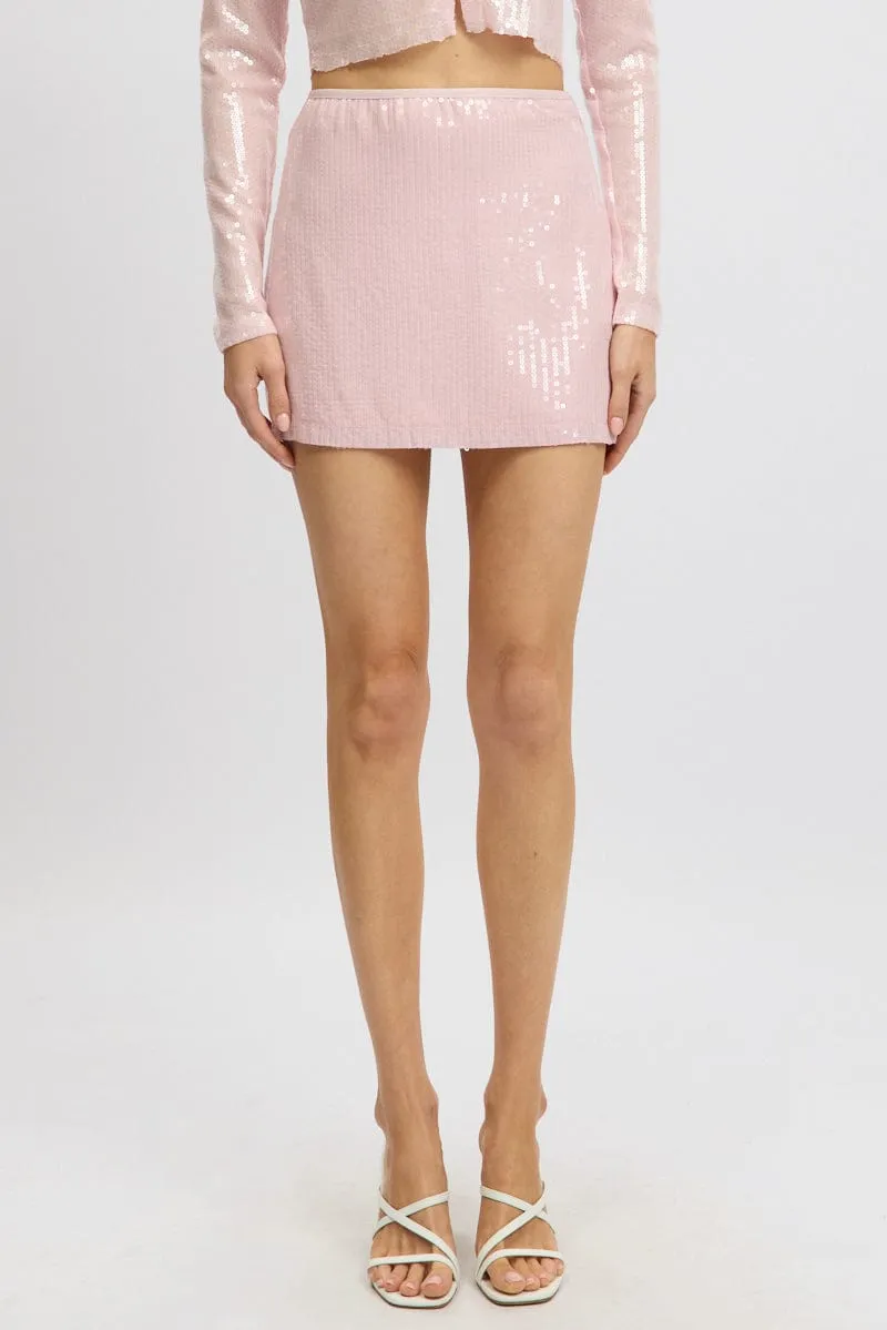 Pink Sequins Skirt High Waisted Mini